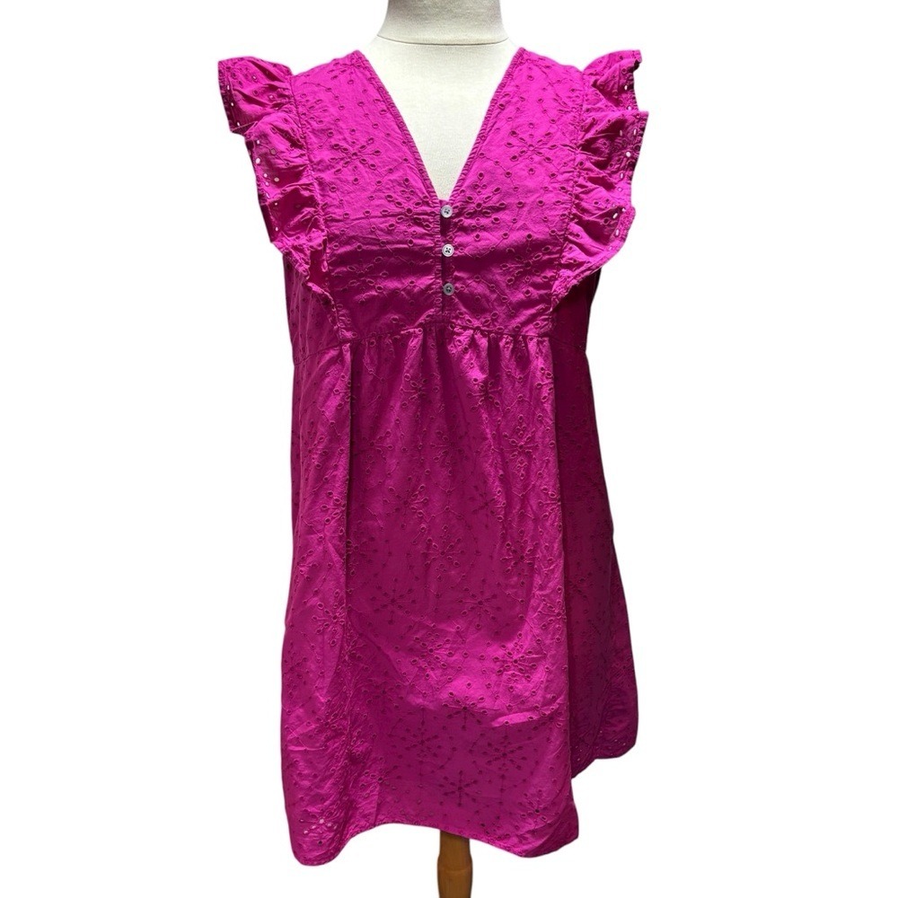 Magenta Pink Eyelet Ruffle Mini‎ Dress Sleeveless V-Neck Cotton Lined #35